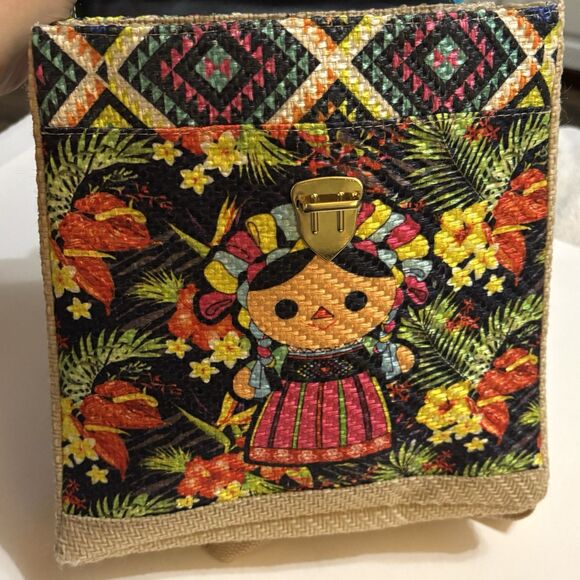 Mexican Maria Doll Backpack Straw Woven Bag Side Snaps Adjustable Straps - Picture 8 of 13